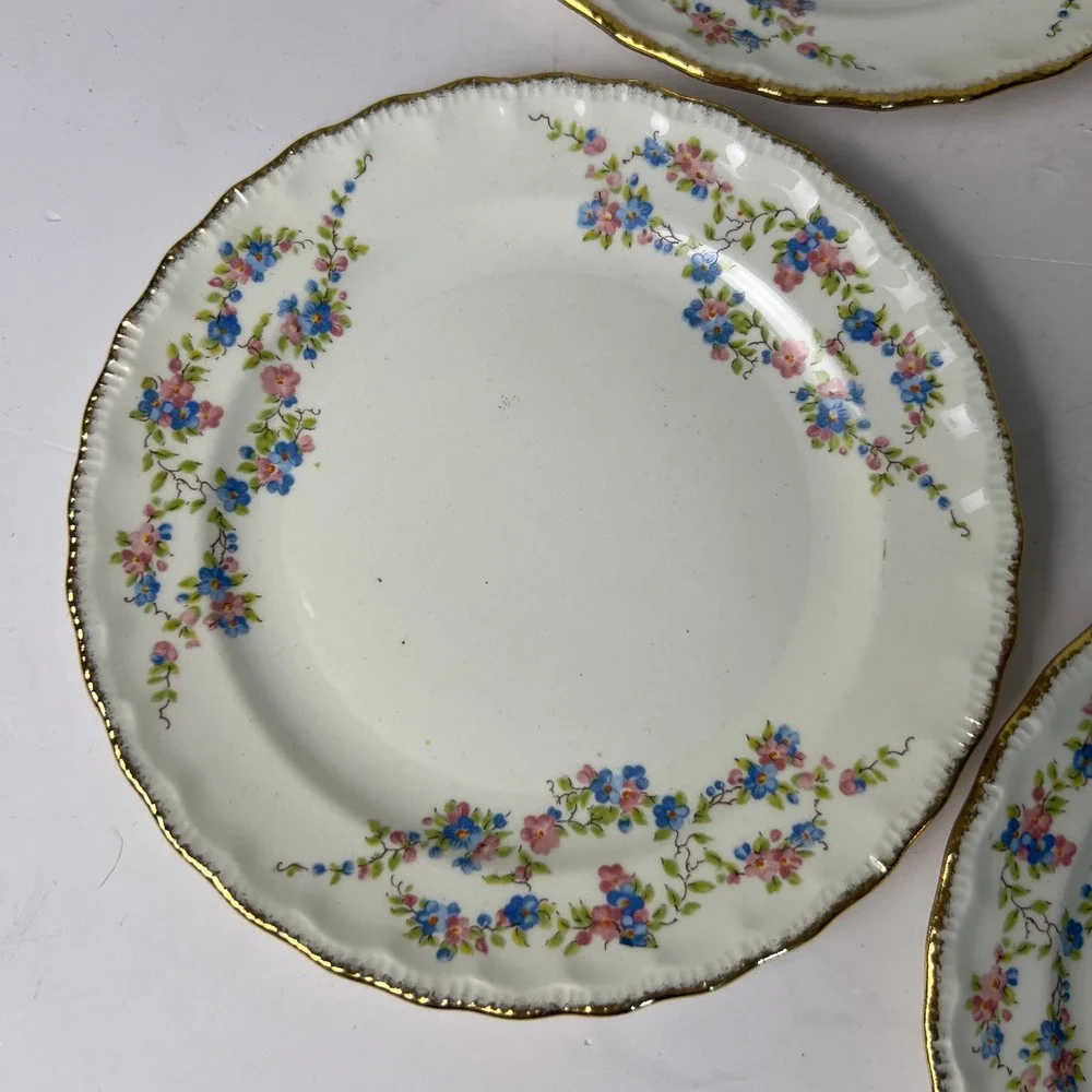VTG 50s Pope-Gosser Blue Bell Bread Plates Set of 4 White Gold Trim Grandmacore